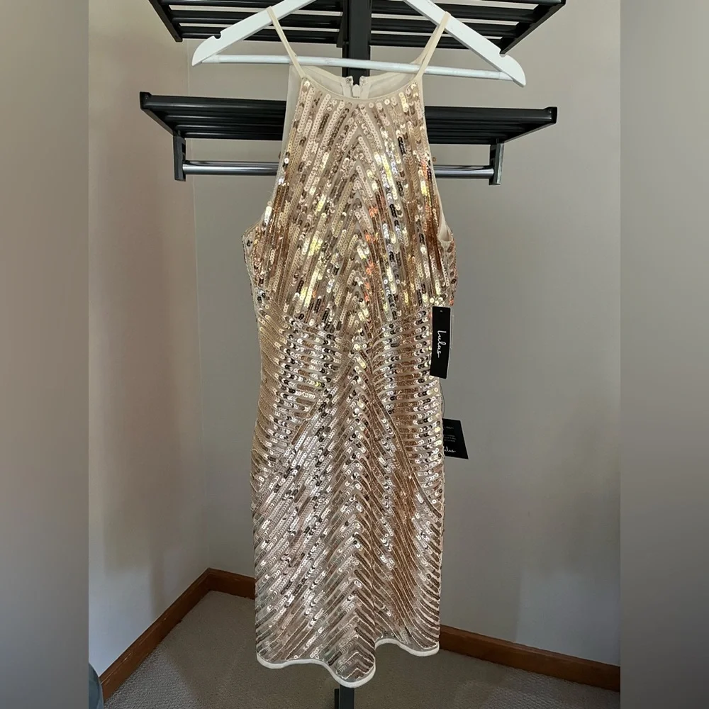 Lulu's Gold Sequin Geometric Pattern Dress - Picture 1 of 5